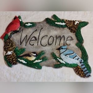 Welcome plaque with birds cardinal blue Jay Chickadee